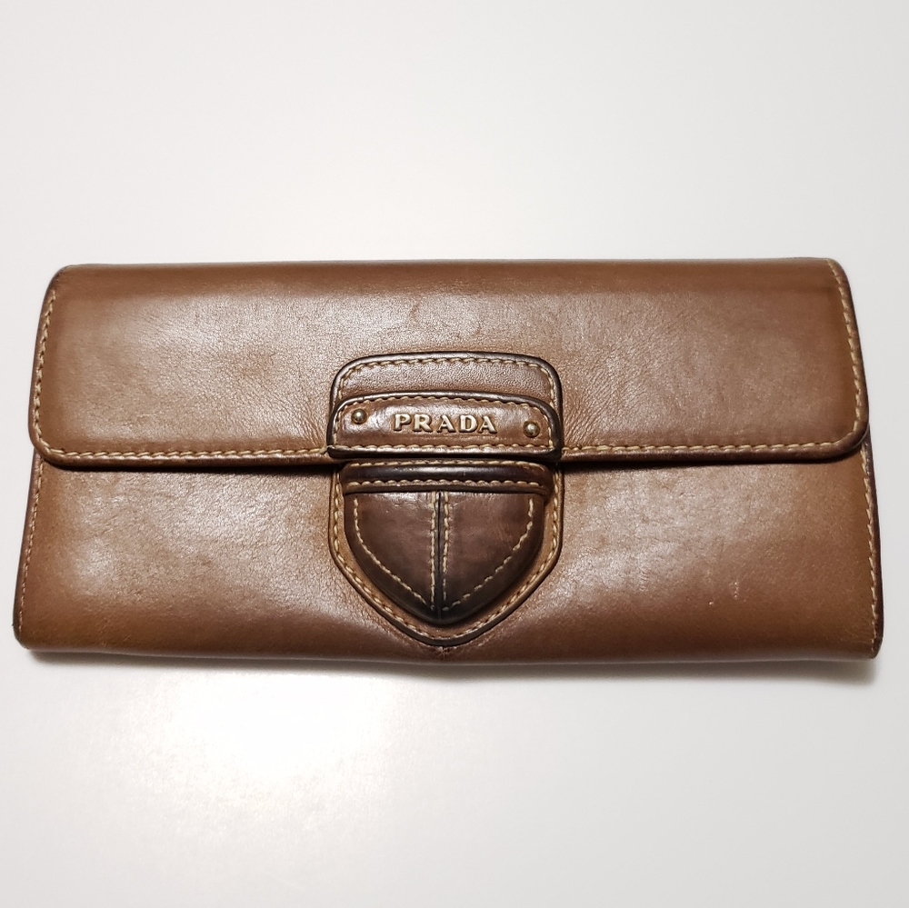 Prada City Calf Continental Flap Brown Tan Wallet